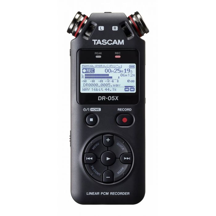 Frontal image of a Tascam DR-05X Handheld Stereo Recorder and USB Audio Interface