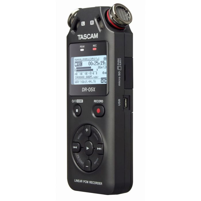 Front right angled view of a Tascam DR-05X Handheld Stereo Recorder and USB Audio Interface