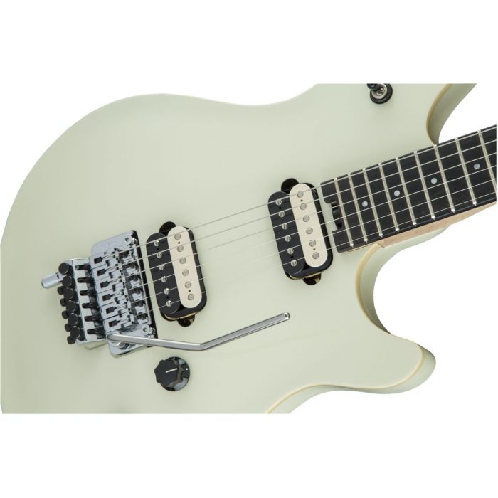 Closeup front view of a  EVH Wolfgang Special EB Ivory Electric Guitar