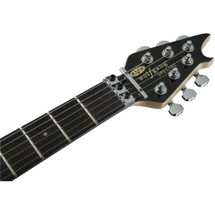 Front view of the headstock on a EVH Wolfgang Special EB Ivory Electric Guitar