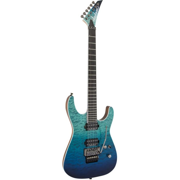 Front tilted view of a Jackson Pro Series Soloist SL2Q MAH Caribbean Blue Fade