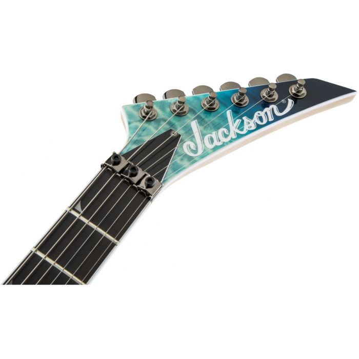Front view of the headstock on a Jackson Pro Series Soloist SL2Q MAH Caribbean Blue Fade