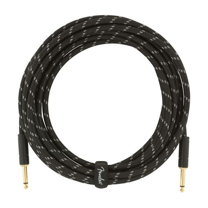 Full coiled view of a Fender Deluxe Series Instrument Cable Straight 5-5m Black Tweed