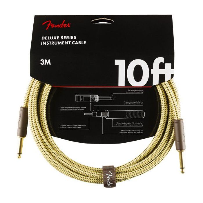 Full packaged view of a Fender Deluxe Series Instrument Cable Straight 10 Tweed