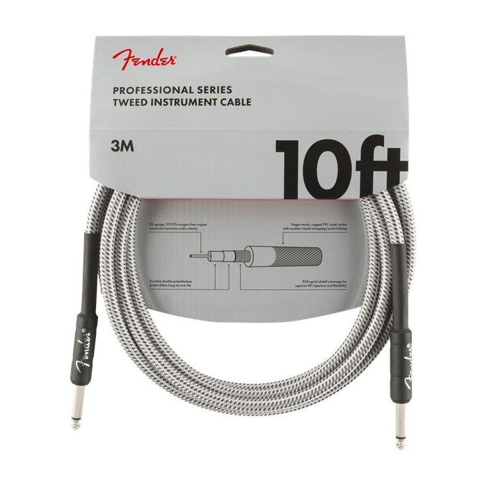 Full packaged view of a Fender Professional Series Instrument Cable 10 White Tweed