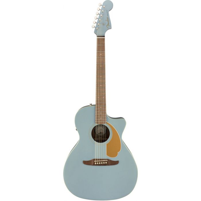 Full frontal view of a Fender Newporter Player Walnut FB Ice Blue Satin Acoustic Guitar