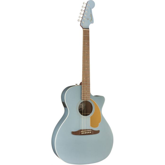 Front tilted view of a Fender Newporter Player Walnut FB Ice Blue Satin Acoustic Guitar