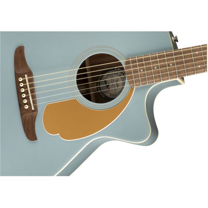 Closeup of the soundhole on a Fender Newporter Player Walnut FB Ice Blue Satin Acoustic Guitar
