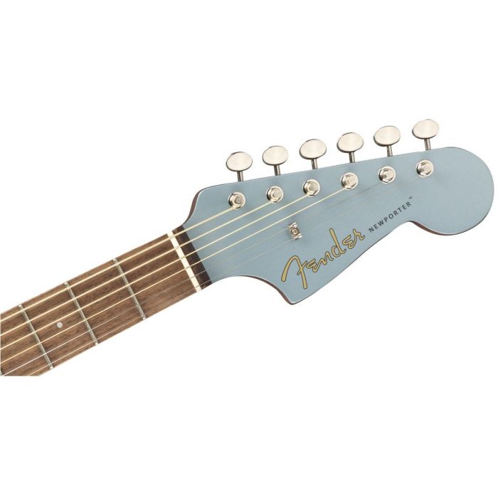 Front view of the headstock on a Fender Newporter Player Walnut FB Ice Blue Satin Acoustic Guitar