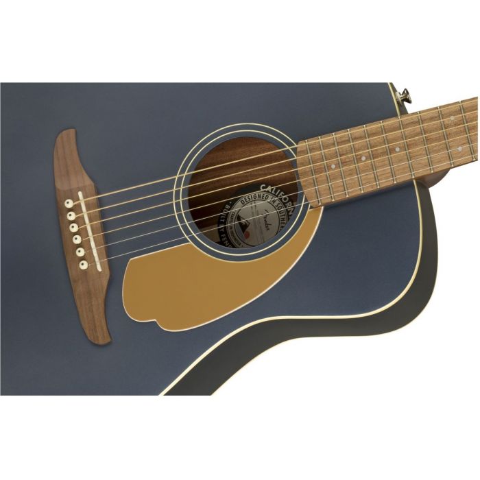 Closeup of the soundhole on a Fender Malibu Player Walnut FB Midnight Satin Acoustic Guitar