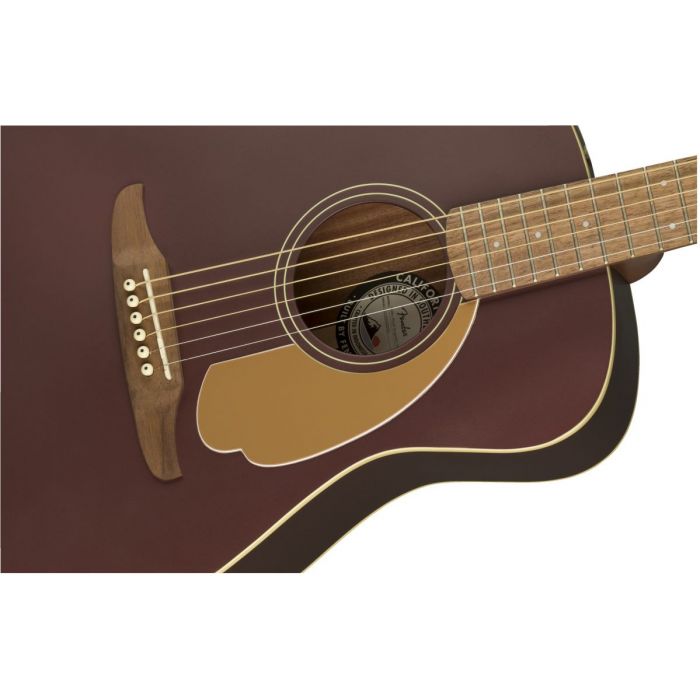 Closeup of the soundhole on a Fender Malibu Player Walnut FB Burgundy Satin Acoustic Guitar