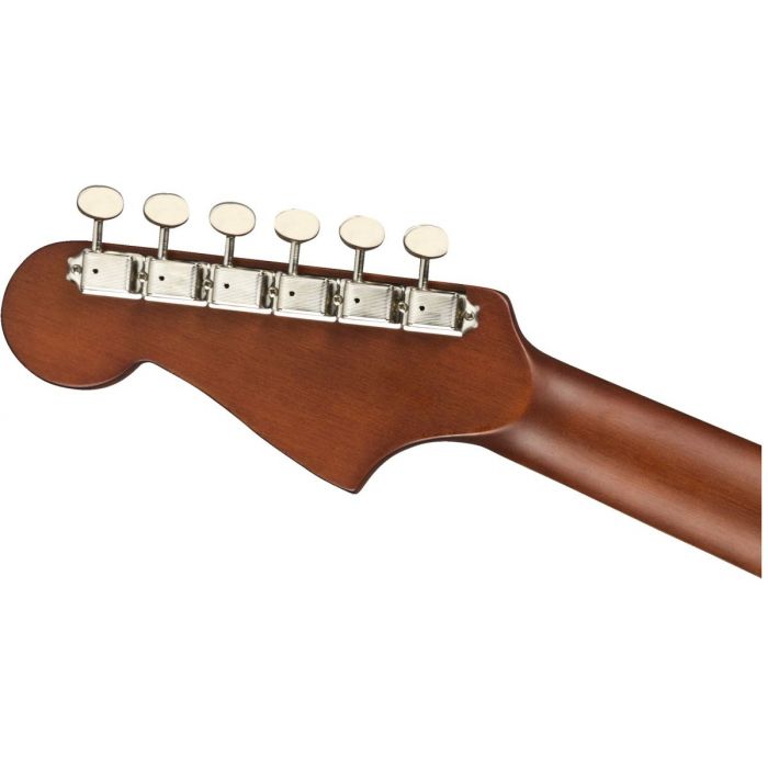 Rear view of the headstock on a Fender Malibu Player Walnut FB Burgundy Satin Acoustic Guitar
