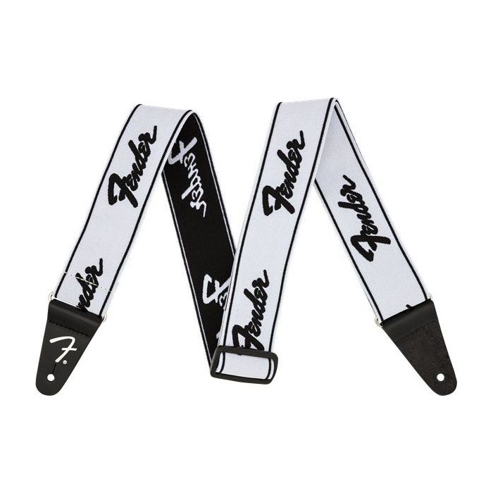 Full view of a Fender WeighLess 2 Running Logo Strap White and Black