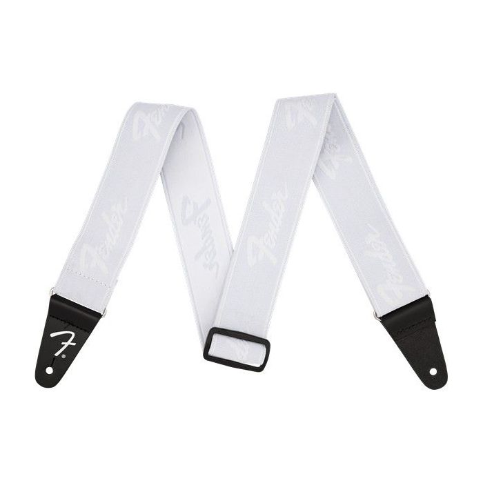 Full view of a Fender WeighLess 2 Running Logo Strap White and White