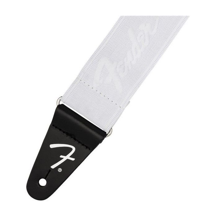 Closeup view of the end of a Fender WeighLess 2 Running Logo Strap White and White