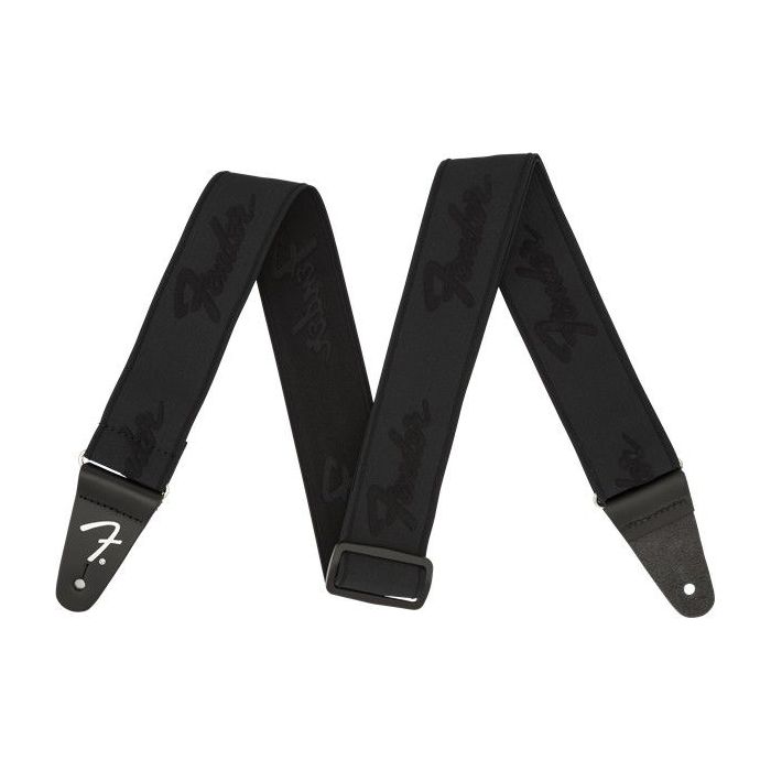 Full image of a Fender  WeighLess 2 Running Logo Strap Black and Black