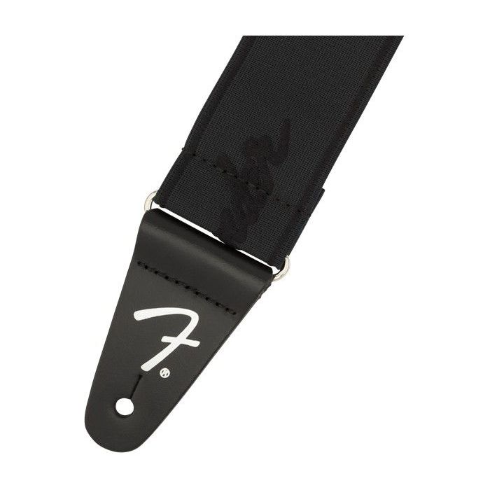 Closeup of the end of a Fender  WeighLess 2 Running Logo Strap Black and Black