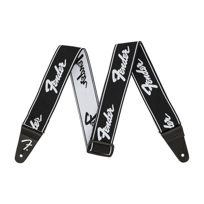 Full view of a Fender WeighLess 2 Running Logo Strap Black and White