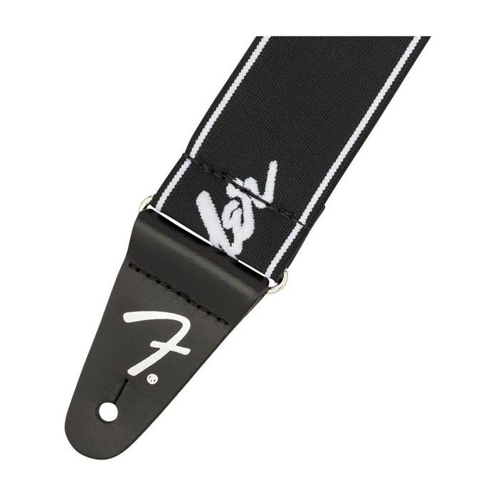 Closeup view of the end of a Fender WeighLess 2 Running Logo Strap Black and White