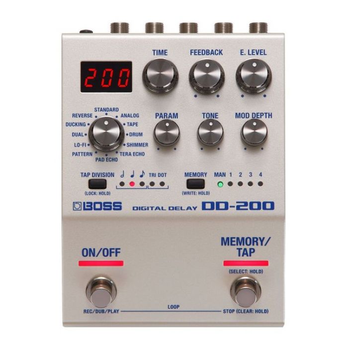 Top view of a Boss DD-200 Digital Delay Pedal