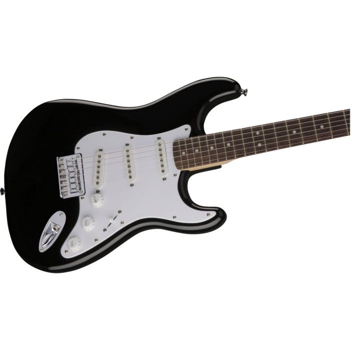 Closeup front view of a Squier Bullet Stratocaster HT IL Black Electric Guitar