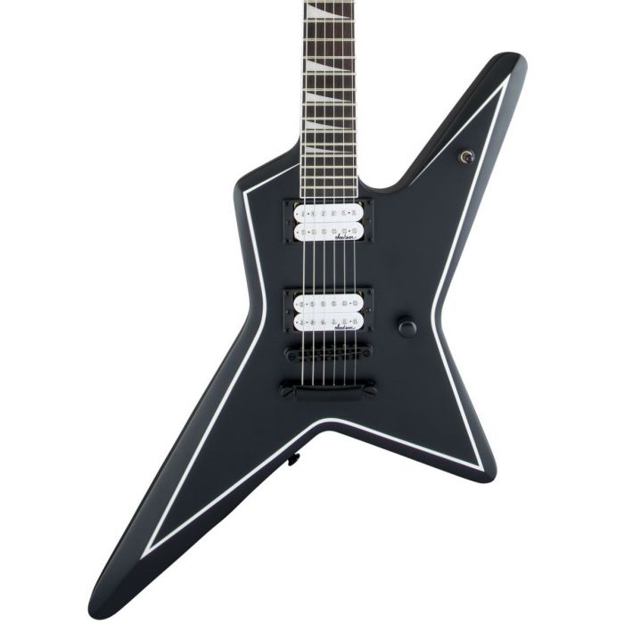 Closeup front view of a Jackson Gus G Star JS32 Satin Black with Amaranth Fingerboard