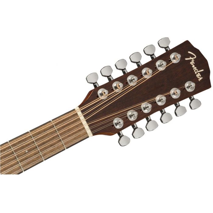 Front view of the headstock on a Fender CD-140SCE 12 -String Electro Acoustic Guitar