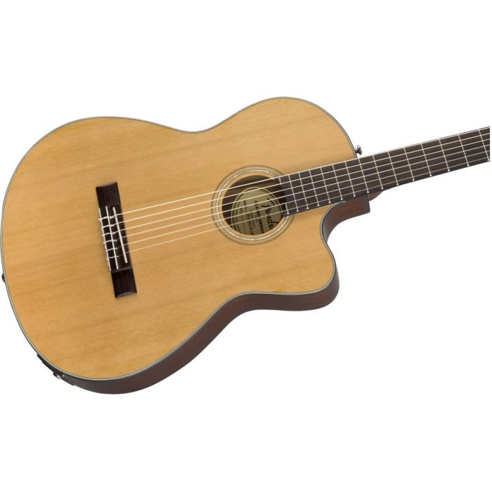 Front closeup view of at Fender CN-140SCE Nylon String Guitar Natural Finish
