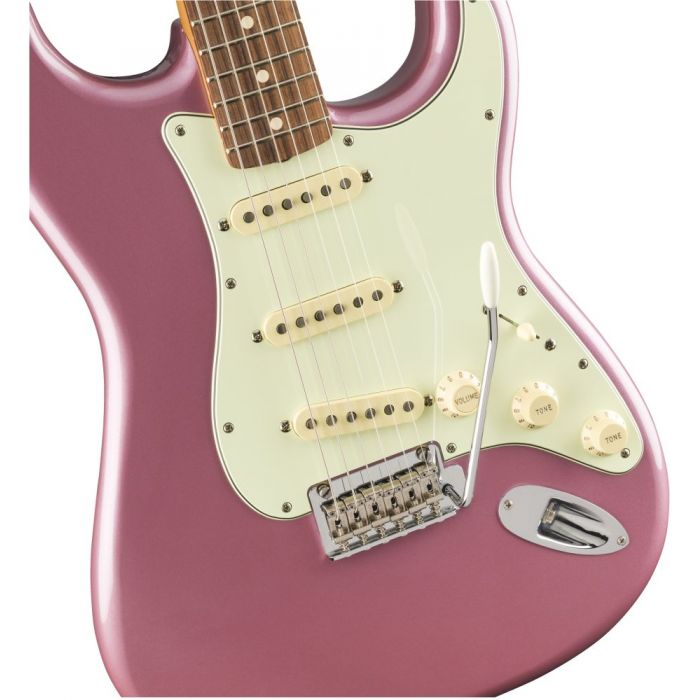 Closeup of the pickups on a Fender Vintera 60s Stratocaster Modified PF Burgundy Mist Metallic