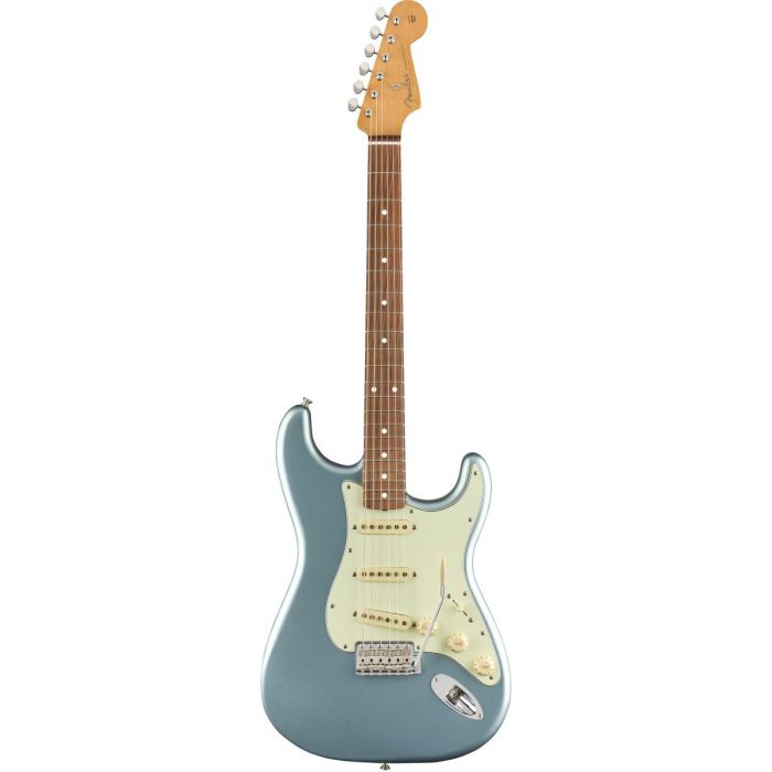 Full frontal view of a Fender Vintera 60S Stratocaster PF Ice Blue Metallic
