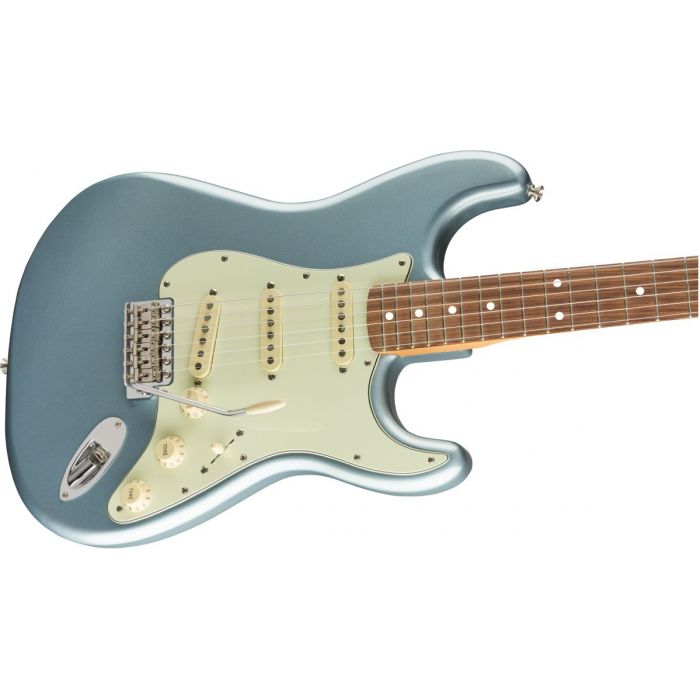 Closeup front angled view of a Fender Vintera 60S Stratocaster PF Ice Blue Metallic