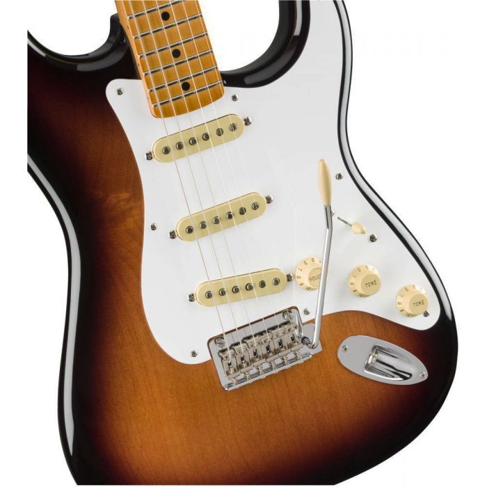 Front closeup view of a Fender Vintera 50s Stratocaster Modified MN 2 Tone Sunburst