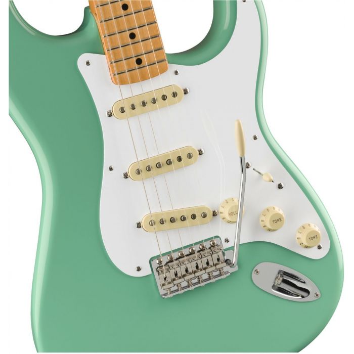 Closeup view of a Fender Vintera 50s Stratocaster MN Sea Foam Green