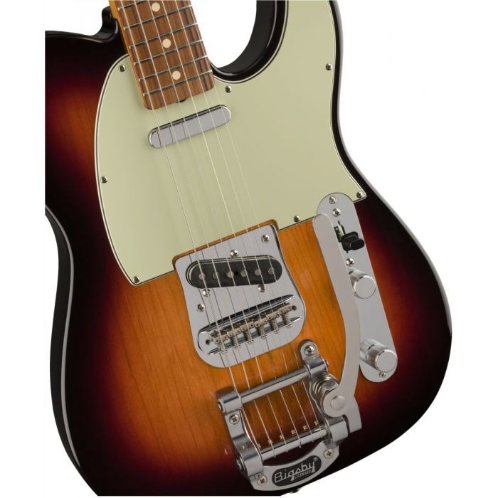 Closeup front view of a Fender Vintera 60s Telecaster Bigsby PF 3 Tone Sunburst