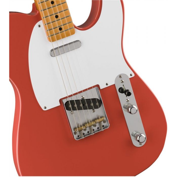 Closeup front view of a Fender Vintera 50s Telecaster MN Fiesta Red