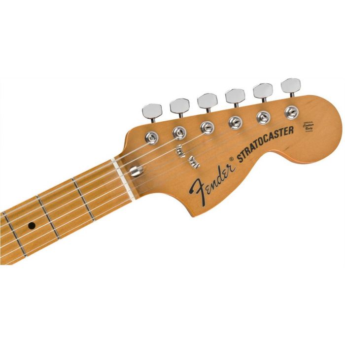 Front view of the headstock on a Fender Vintera 70s Stratocaster MN Mocha