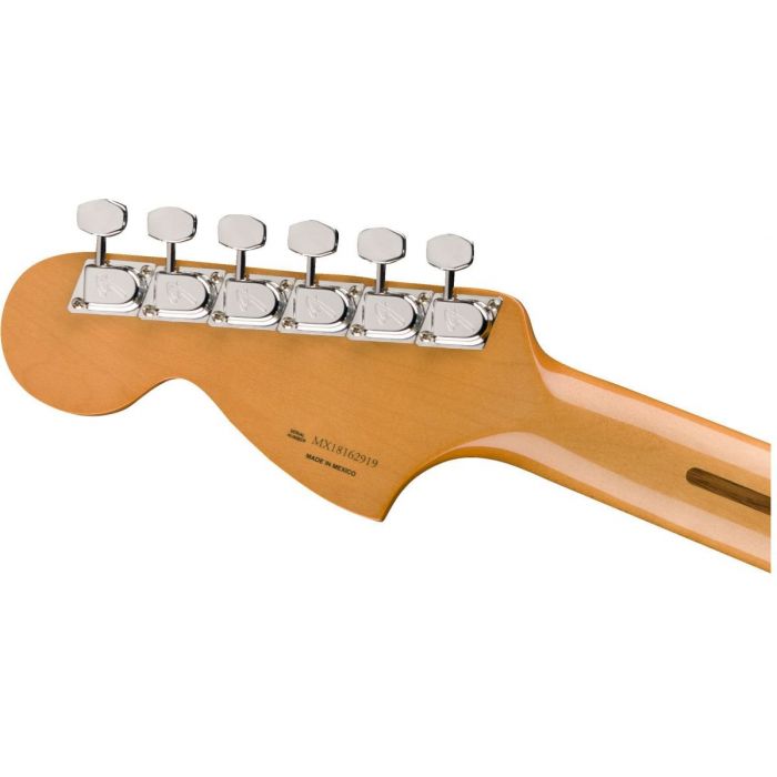 Rear view of the headstock on a Fender Vintera 70s Stratocaster MN Mocha