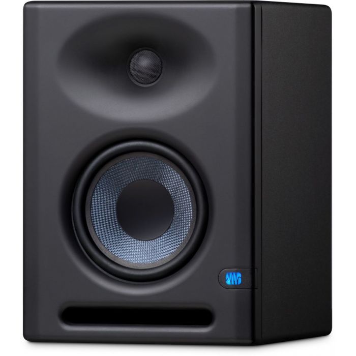Front right-angled view of a PreSonus Eris E5 XT 2 Way Active Studio Monitor with EBM Waveguide