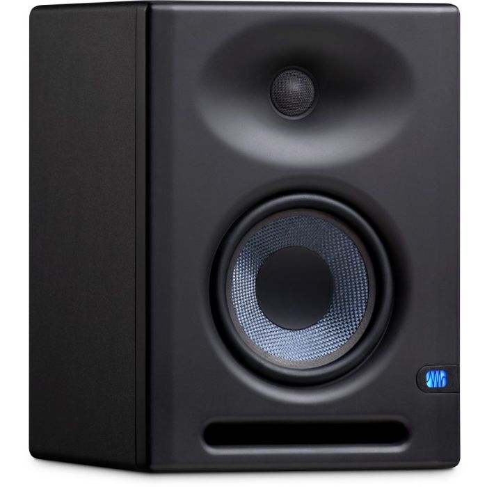 Front left angled view of a PreSonus Eris E5 XT 2 Way Active Studio Monitor with EBM Waveguide