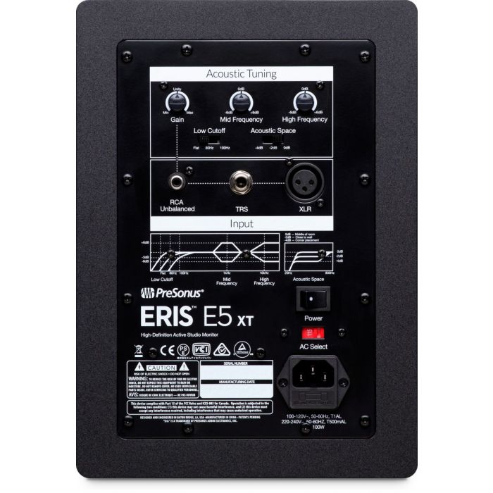 Full rear view of a PreSonus Eris E5 XT 2 Way Active Studio Monitor with EBM Waveguide