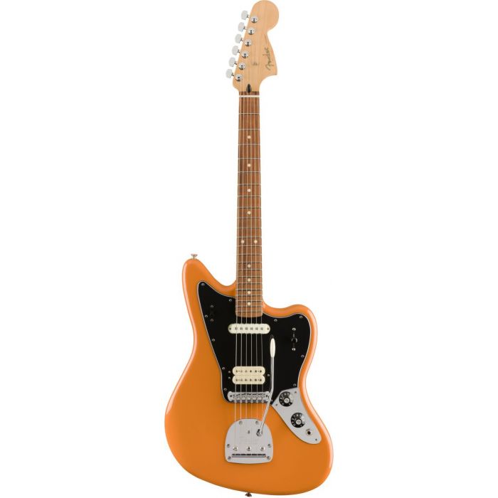 Full frontal view of a Fender Player Jaguar Guitar PF Capri Orange