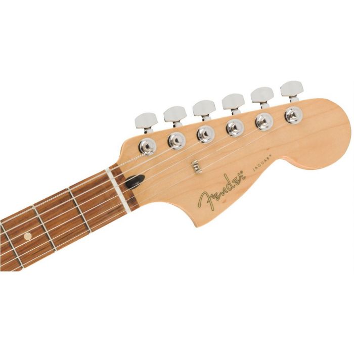 Front view of the headstock on a Fender Player Jaguar Guitar PF Capri Orange