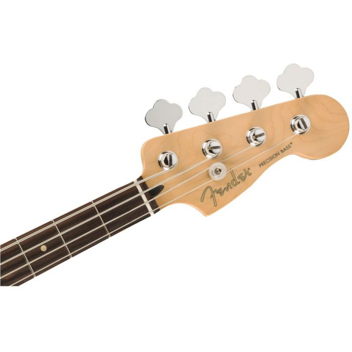 Front view of the headstock on a Fender Player Precision Bass PF Capri Orange