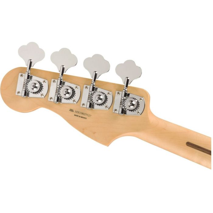 Rear view of a headstock on a Fender Player Precision Bass PF Capri Orange