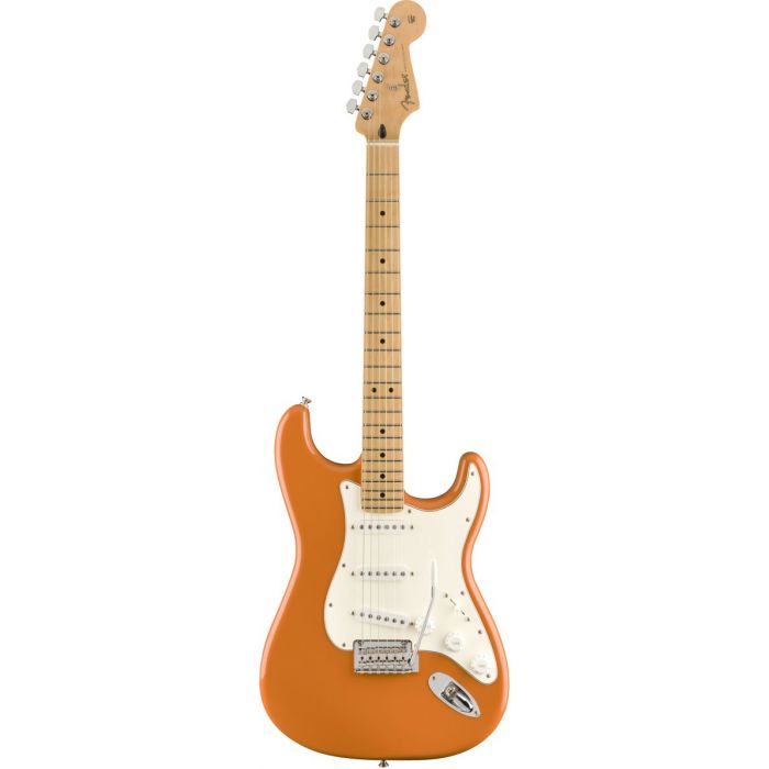 Full frontal view of a Fender Player Stratocaster MN Capri Orange