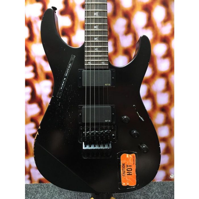 Closeup front view of a ESP Kirk Hammet KH-2 Vintage Distressed Black Guitar