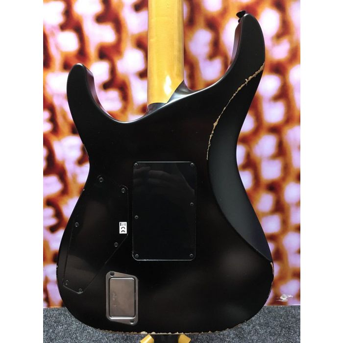 Closeup rear view of a ESP Kirk Hammet KH-2 Vintage Distressed Black Guitar