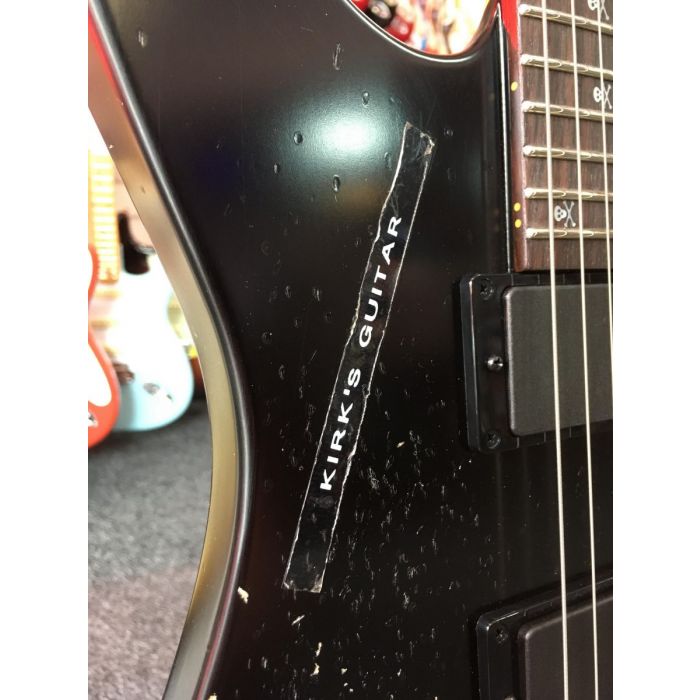 Kirk's Guitar sticker on a ESP Kirk Hammet KH-2 Vintage Distressed Black Guitar