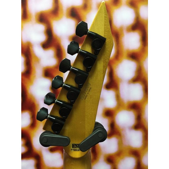 Rear view of the headstock on a ESP Kirk Hammet KH-2 Vintage Distressed Black Guitar