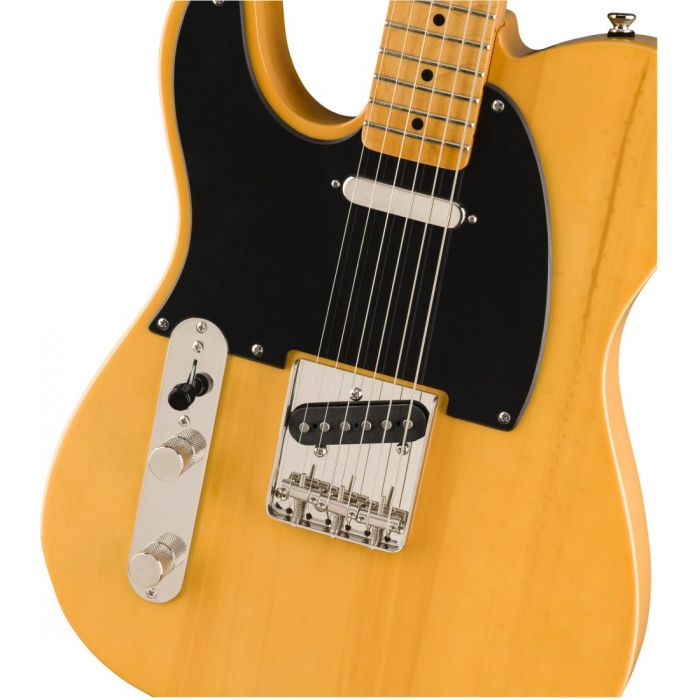 Closeup front view of a Squier Classic Vibe 50s Telecaster LH MN Butterscotch Blonde